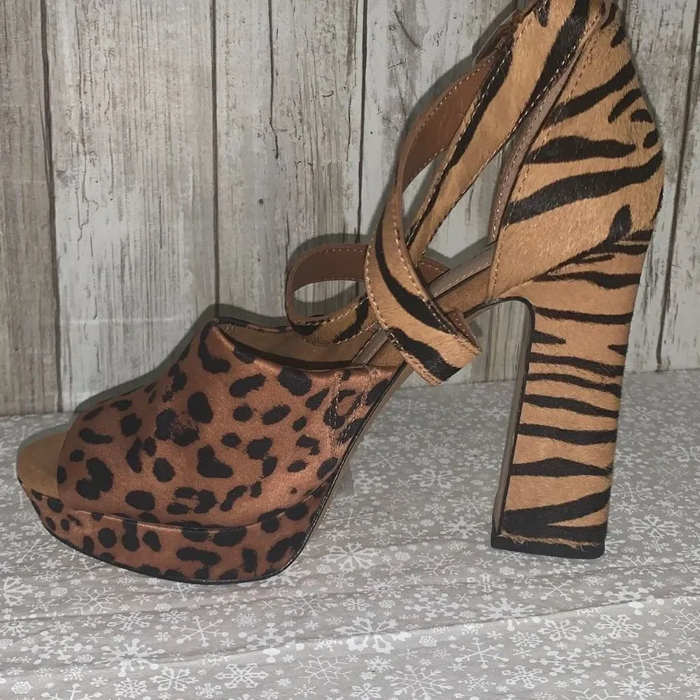 Gianni BINI‎ Calf Hair Leather Animal Print Strappy Heel Platform Sandals Size 6